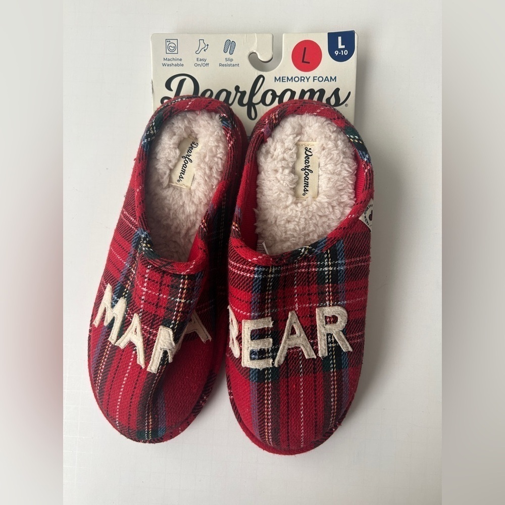 Women’s Mama Bear Slippers  (9-10) Large Red Plaid Check
